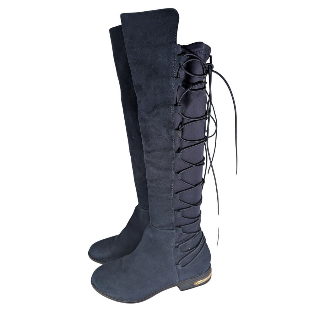 JUST FABULOUS! NAVY BLUE VEGAN SUEDE LEATHER, LACED BACK OVER STRETCH BOOTS! 7M